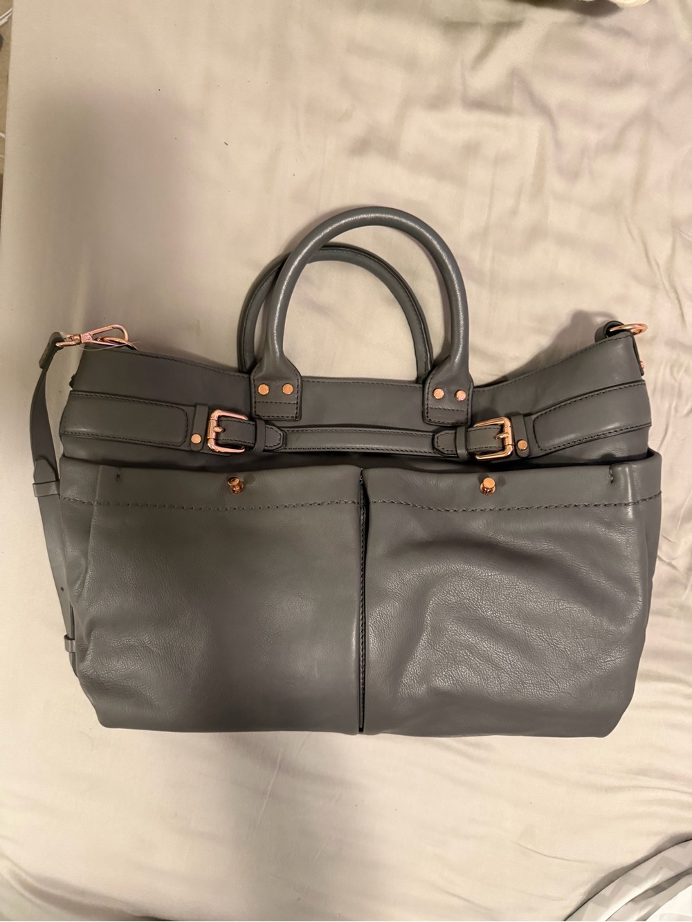 Kooba Gray Leather Satchel with Rose Gold Accents and Detachable Long Strap